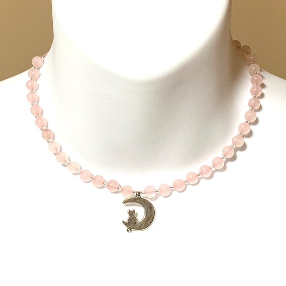 Pink Genuine Gemstone Rose Quartz Silver Cat on the Moon Beaded Short Necklace - Picture 2 of 11